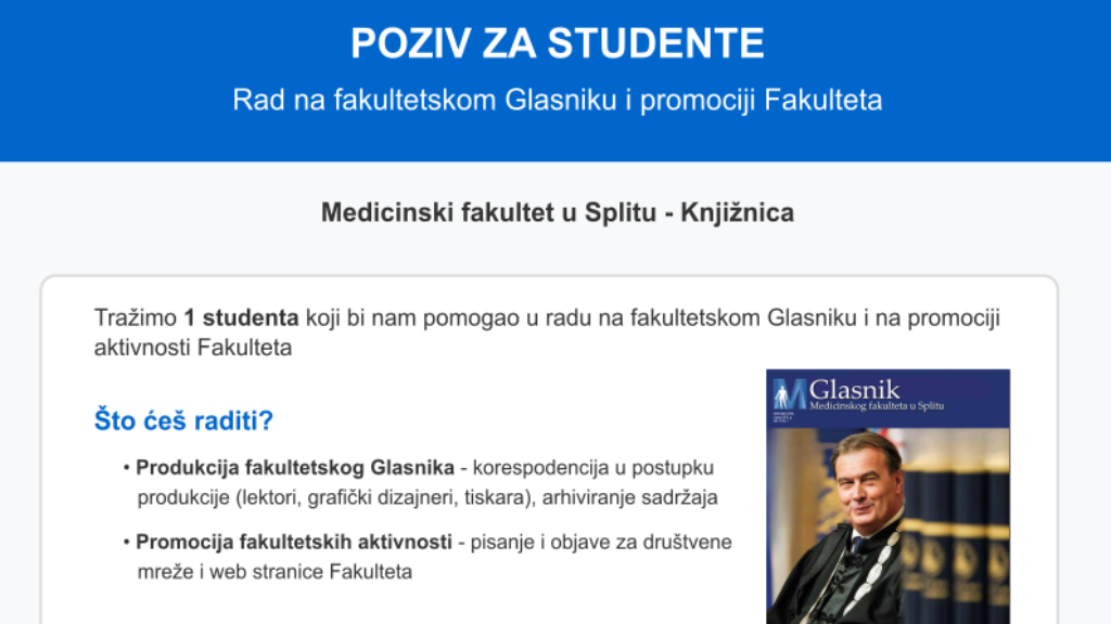 Poziv za studente - rad na fakultetskom Glasniku i promociji Fakulteta
